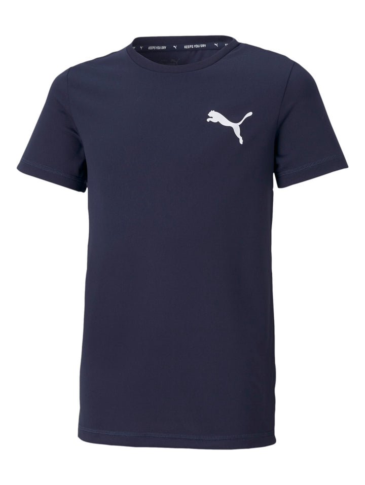 Camiseta deportiva PUMA de color azul marino con logo blanco pequeño en el pecho.