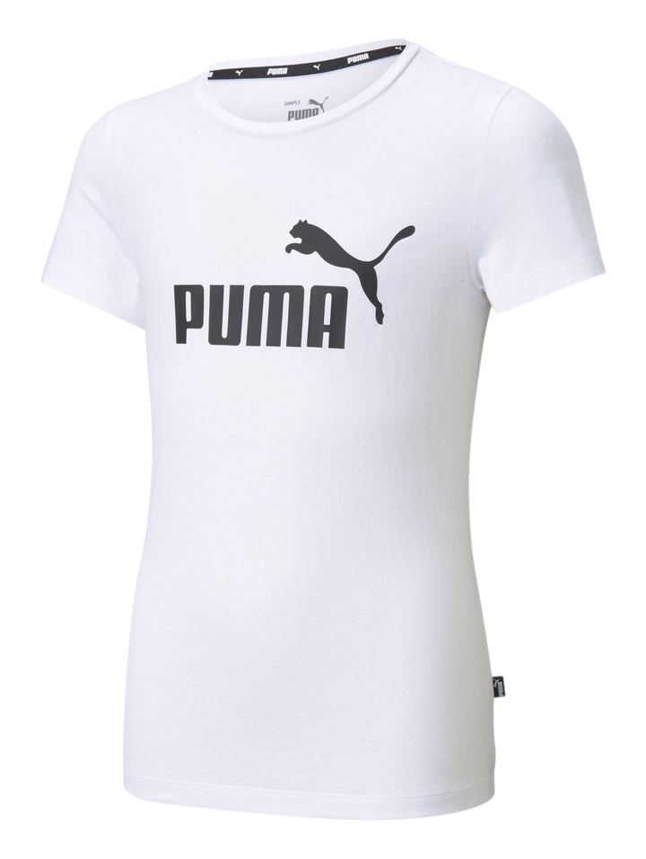 Camiseta deportiva PUMA de color blanco con logotipo frontal en color gris oscuro.