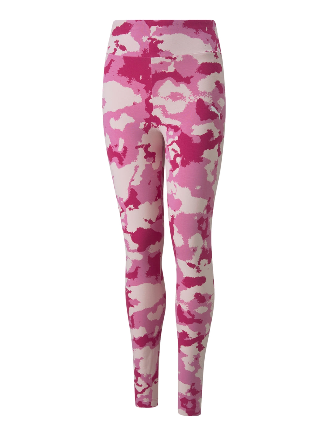 Leggings deportivos PUMA con estampado de camuflaje en tonos rosa fucsia y blanco.