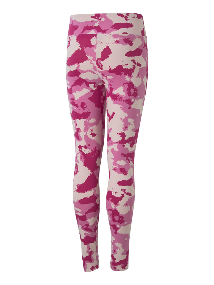 Leggings deportivos PUMA con estampado de camuflaje en tonos rosa fucsia y blanco.
