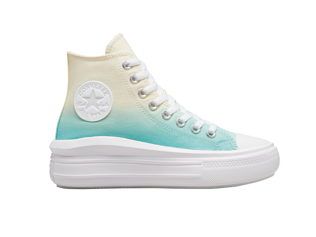 Tenis Converse de bota con suela de plataforma blanca y diseño degradado de amarillo a verde claro.