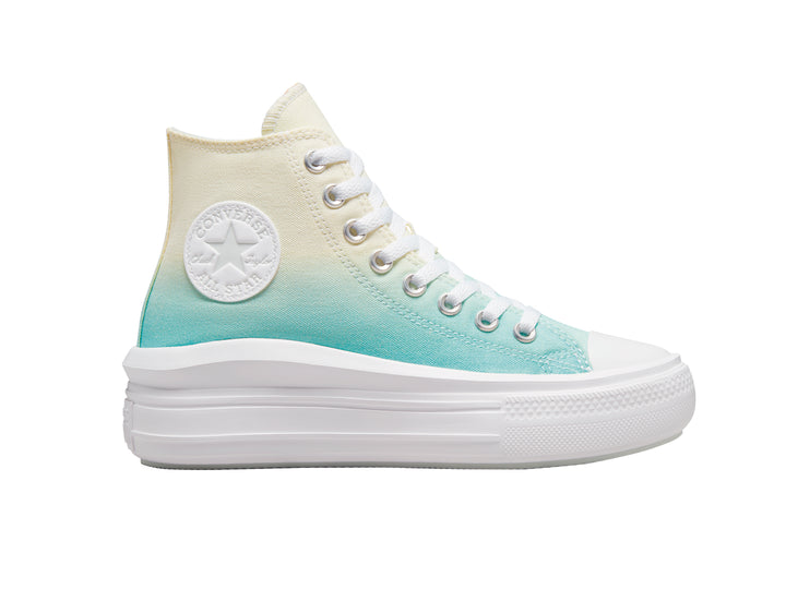 Tenis Converse de bota con suela de plataforma blanca y diseño degradado de amarillo a verde claro.