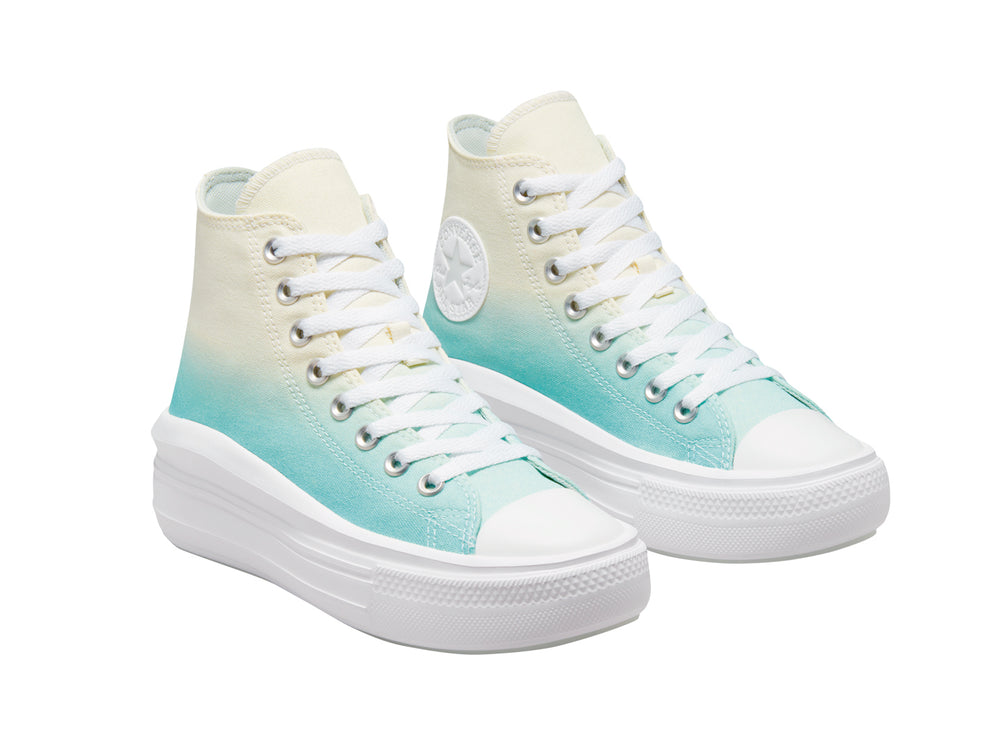 Tenis Converse de bota con suela de plataforma blanca y diseño degradado de amarillo a verde claro.