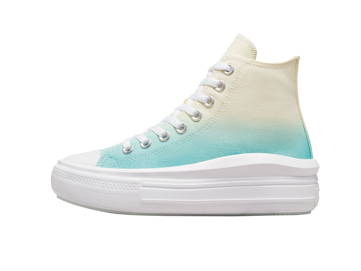 Tenis Converse de bota con suela de plataforma blanca y diseño degradado de amarillo a verde claro.