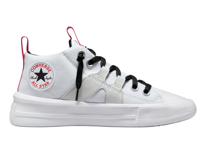 Tenis Converse Chuck Taylor All Star Ultra Mid en color blanco con agujetas negras y detalles en rosa.