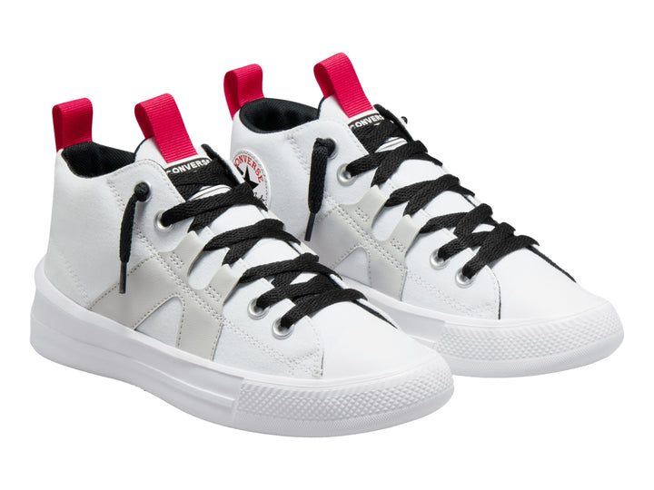 Tenis Converse Chuck Taylor All Star Ultra Mid en color blanco con agujetas negras y detalles en rosa.