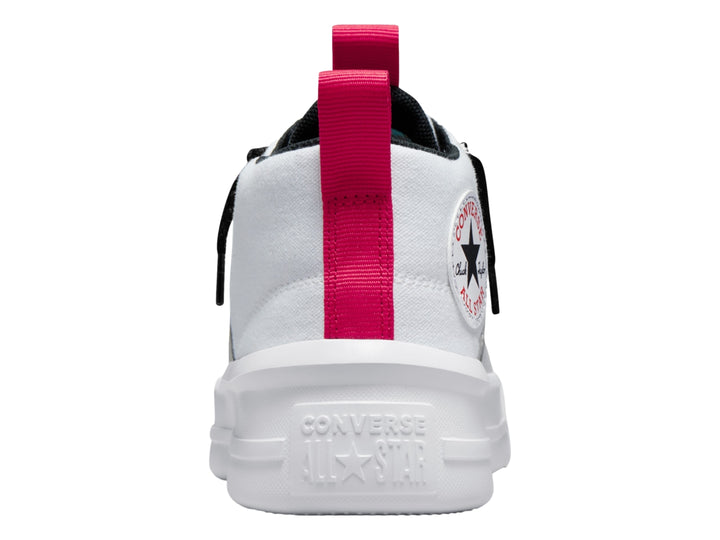 Tenis Converse Chuck Taylor All Star Ultra Mid en color blanco con agujetas negras y detalles en rosa.