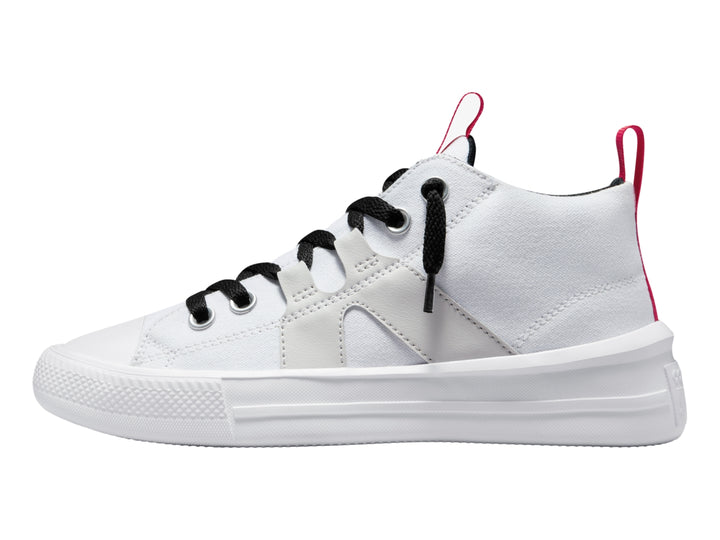 Tenis Converse Chuck Taylor All Star Ultra Mid en color blanco con agujetas negras y detalles en rosa.