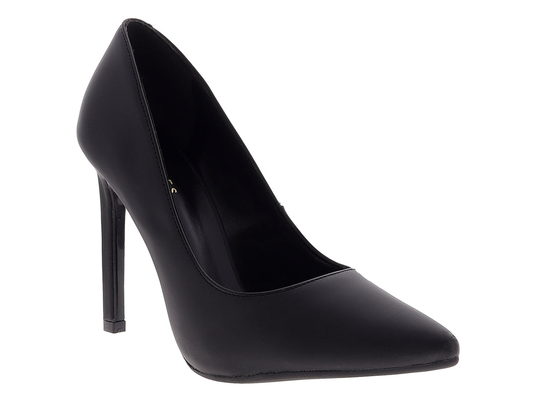 Zapato de tacón alto estilo stiletto en color negro con acabado mate y punta cerrada para mujer.