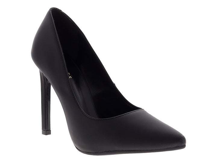 Zapato de tacón alto estilo stiletto en color negro con acabado mate y punta cerrada para mujer.