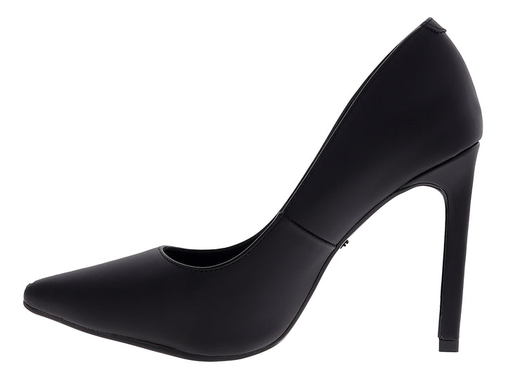 Zapato de tacón alto estilo stiletto en color negro con acabado mate y punta cerrada para mujer.