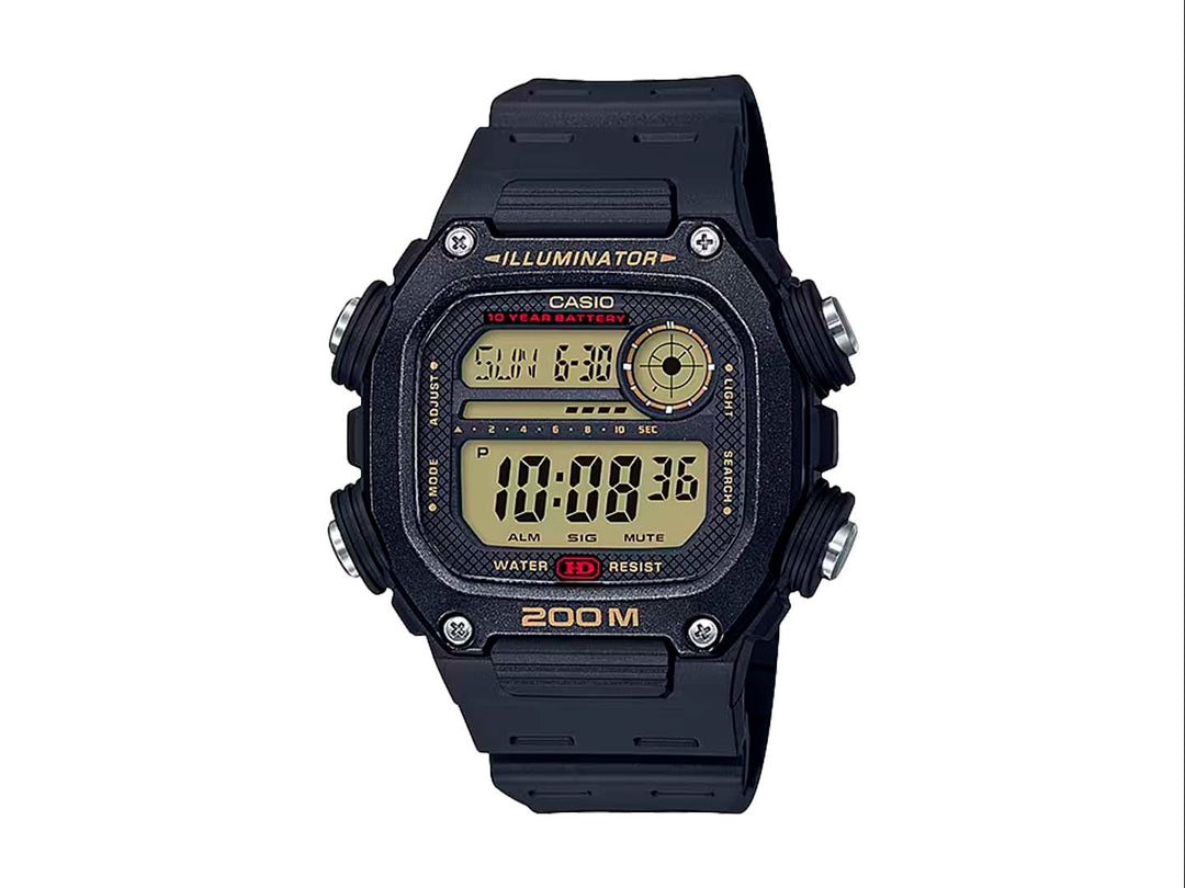 Reloj digital Casio color negro con correa de resina y pantalla digital en tonos dorados.