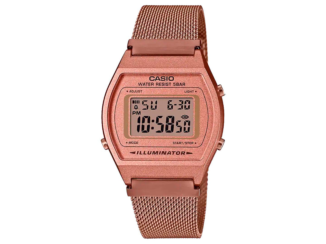 Reloj digital Casio color rosado con correa de malla metálica y pantalla digital rectangular.