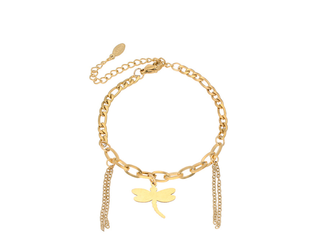 Pulsera de cadena color oro con un dije central de libélula y cadenas colgantes.