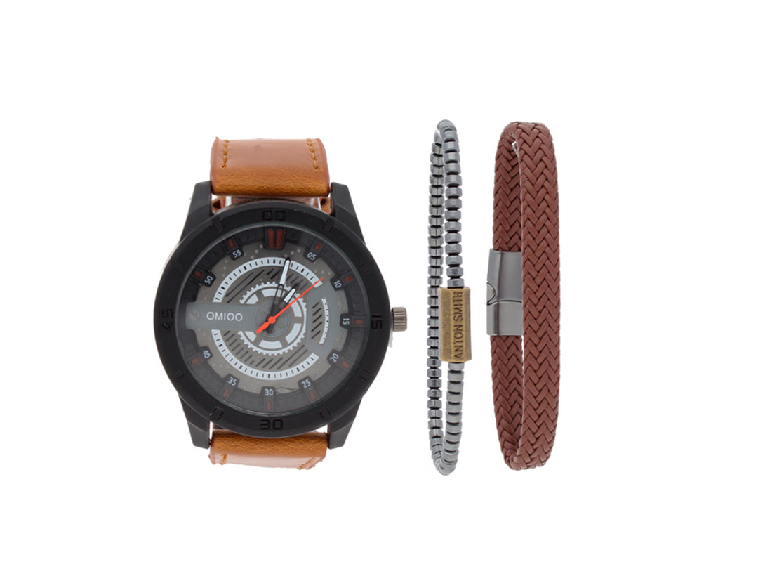 Set de reloj con correa café y carátula negra, acompañado de dos pulseras coordinadas en tonos gris y café.