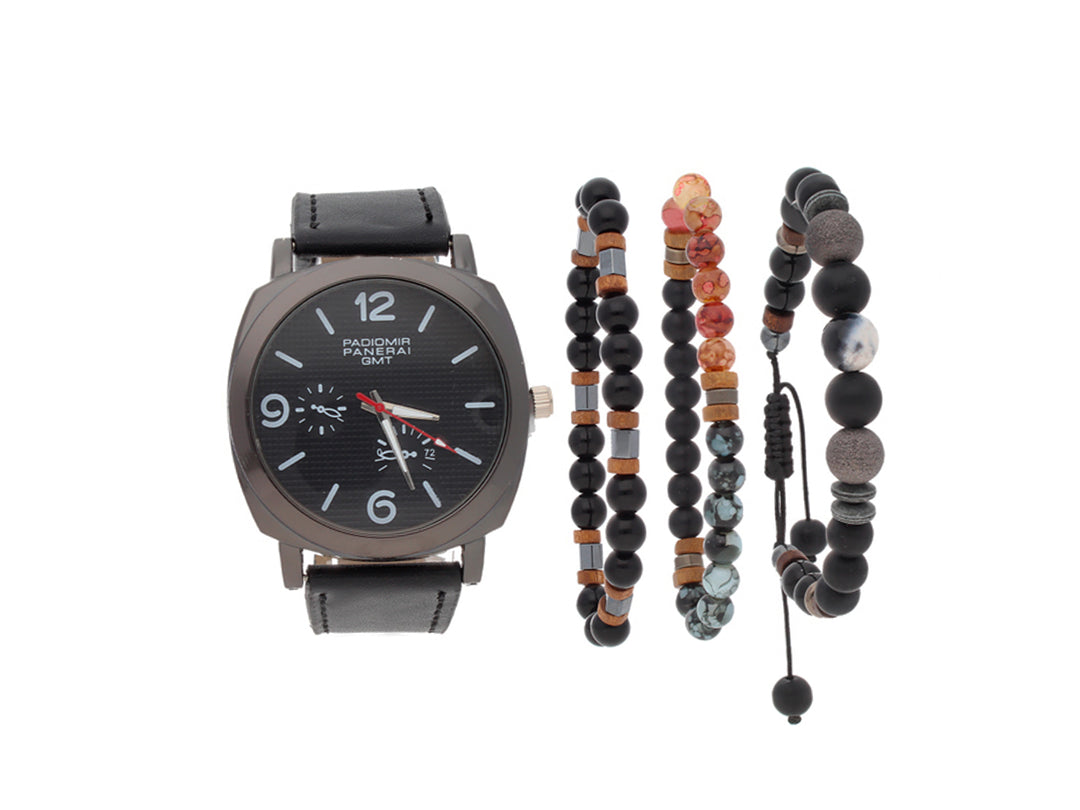 Set de reloj negro con correa de cuero y tres pulseras de cuentas en tonos negros, grises y marrones.