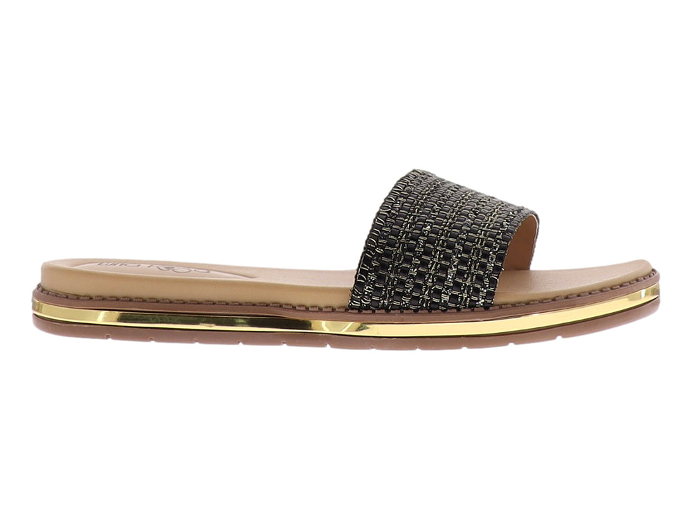 Sandalia casual para mujer con banda tejida en negro y oro y detalle dorado brillante en la suela.
