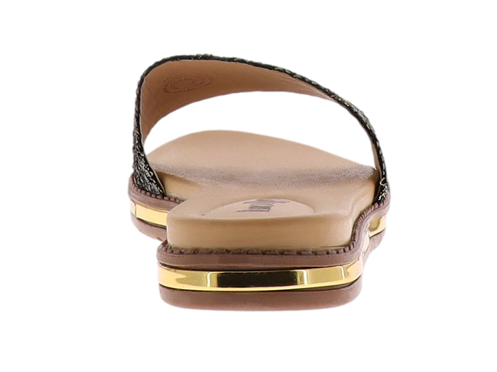Sandalia casual para mujer con banda tejida en negro y oro y detalle dorado brillante en la suela.