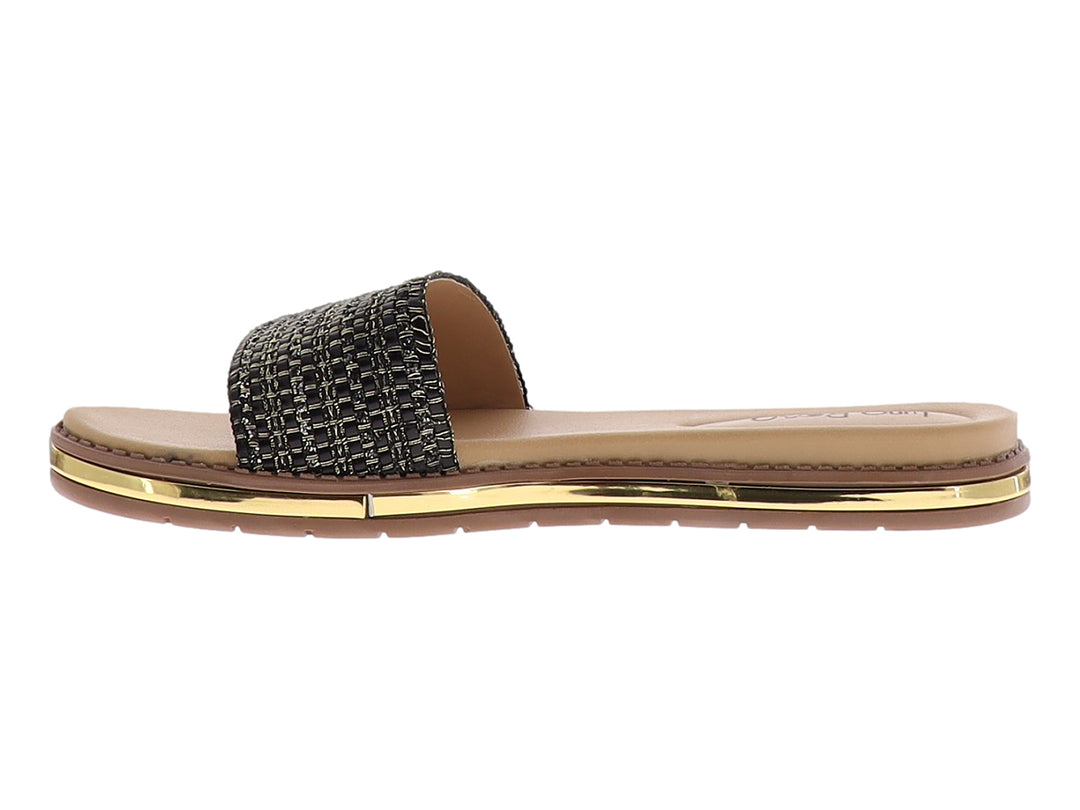 Sandalia casual para mujer con banda tejida en negro y oro y detalle dorado brillante en la suela.