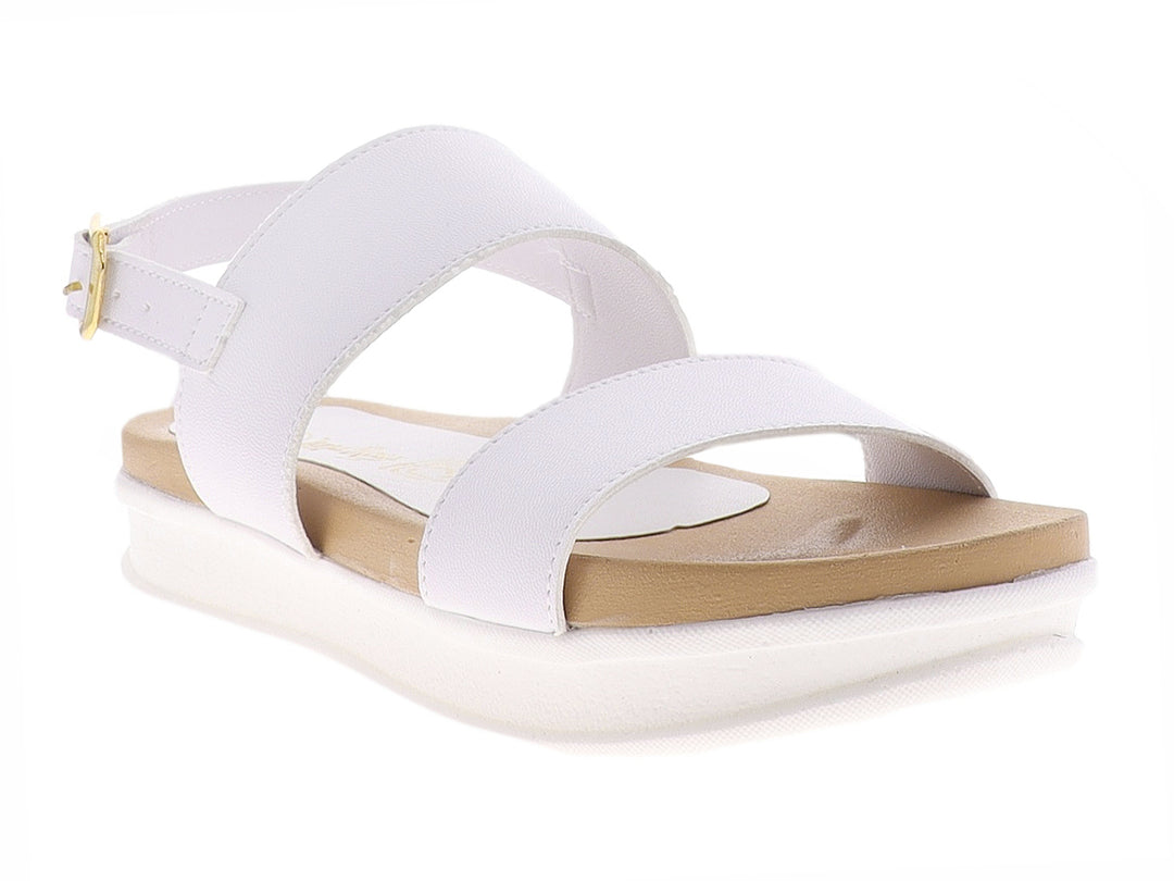 Sandalia blanca de plataforma para mujer con correas cruzadas y hebilla ajustable sobre suela beige.
