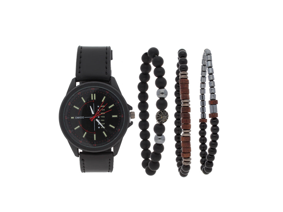 Set de reloj negro con correa de cuero y tres pulseras de cuentas en colores negro, gris y café.