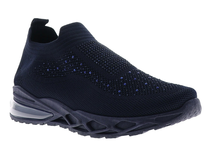 Tenis deportivos color azul marino con diseño de tejido y suela gruesa con cámara de aire.