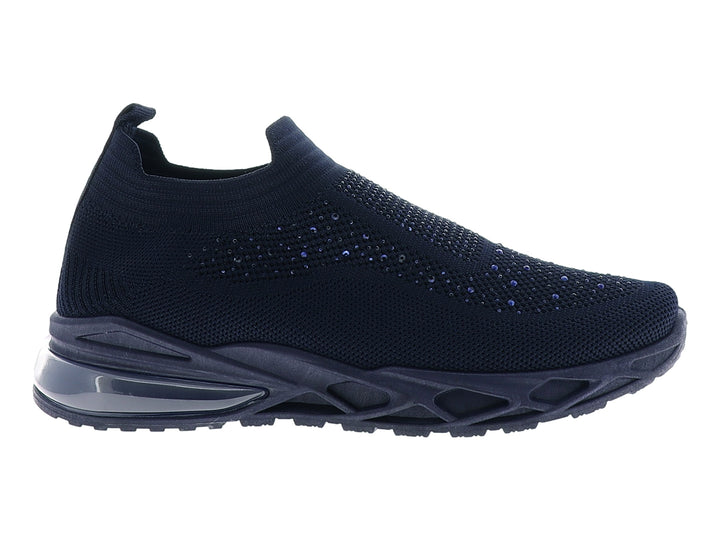 Tenis deportivos color azul marino con diseño de tejido y suela gruesa con cámara de aire.