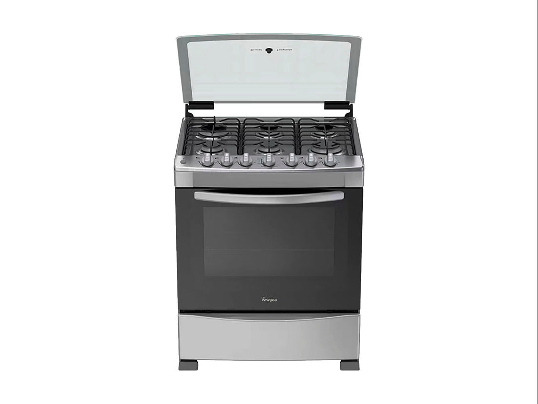 Estufa Whirlpool de acero inoxidable color plata con 6 quemadores y horno integrado.