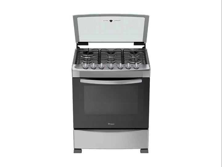 Estufa Whirlpool de acero inoxidable color plata con 6 quemadores y horno integrado.