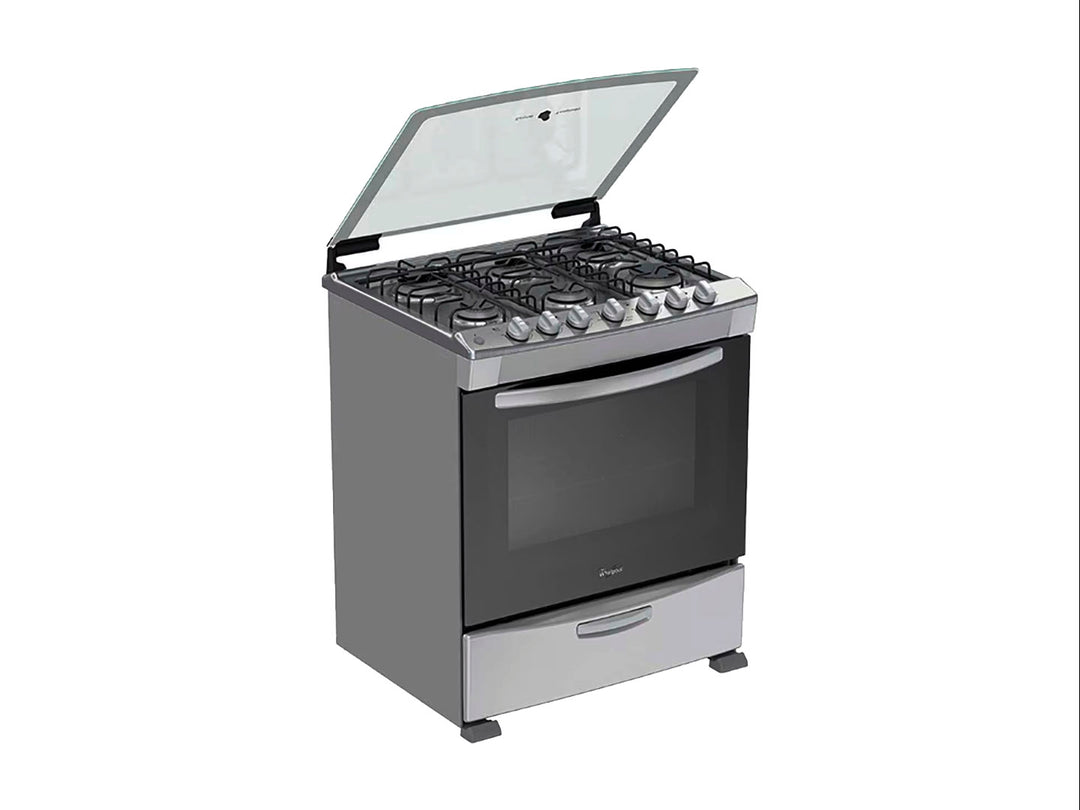 Estufa Whirlpool de acero inoxidable color plata con 6 quemadores y horno integrado.
