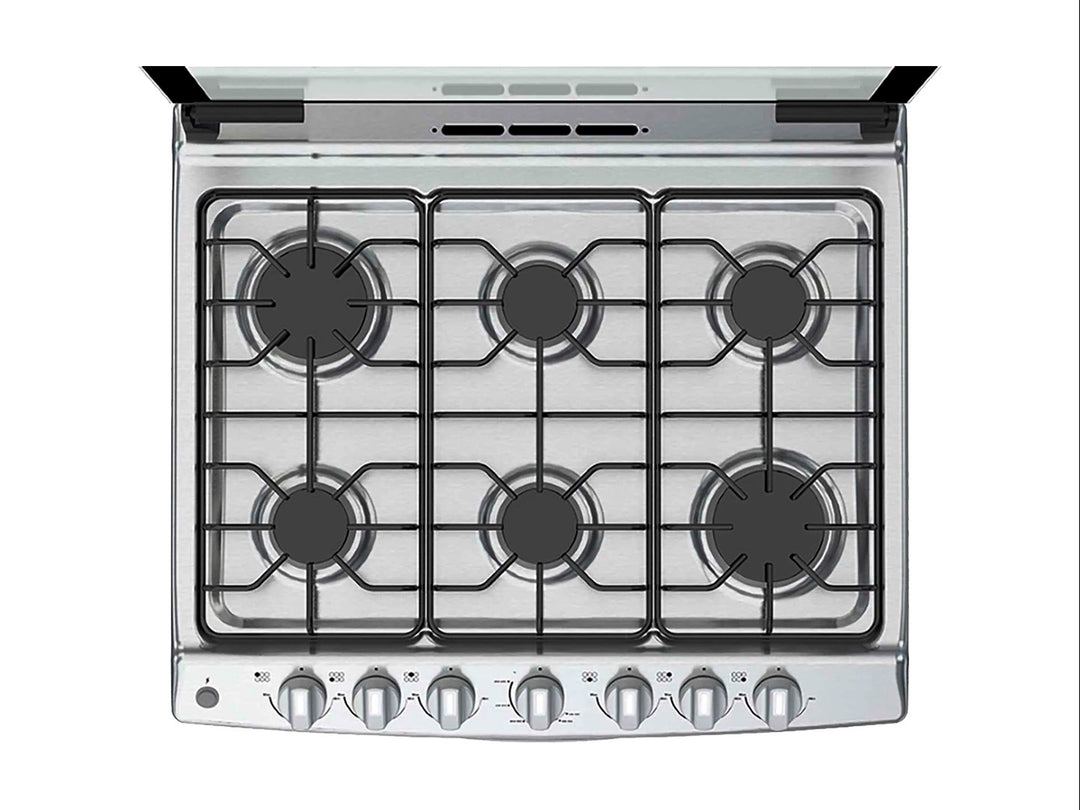 Estufa Whirlpool de acero inoxidable color plata con 6 quemadores y horno integrado.