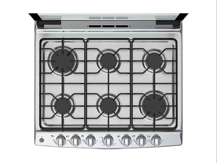 Estufa Whirlpool de acero inoxidable color plata con 6 quemadores y horno integrado.