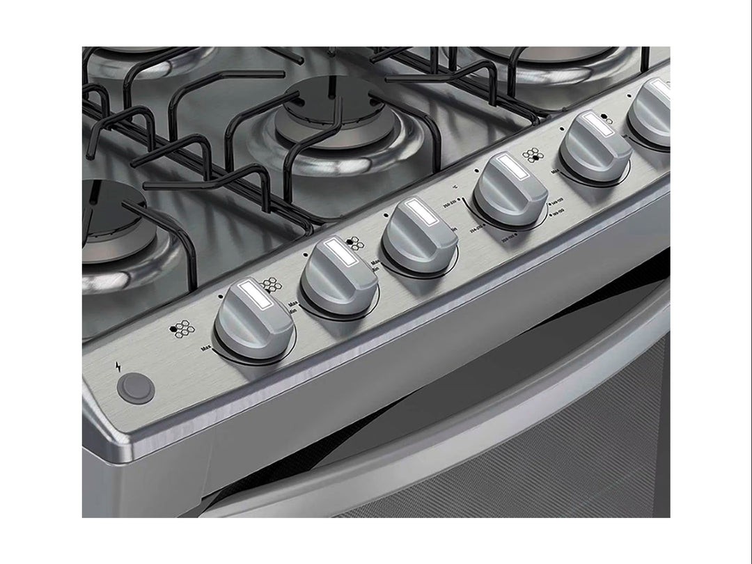 Estufa Whirlpool de acero inoxidable color plata con 6 quemadores y horno integrado.