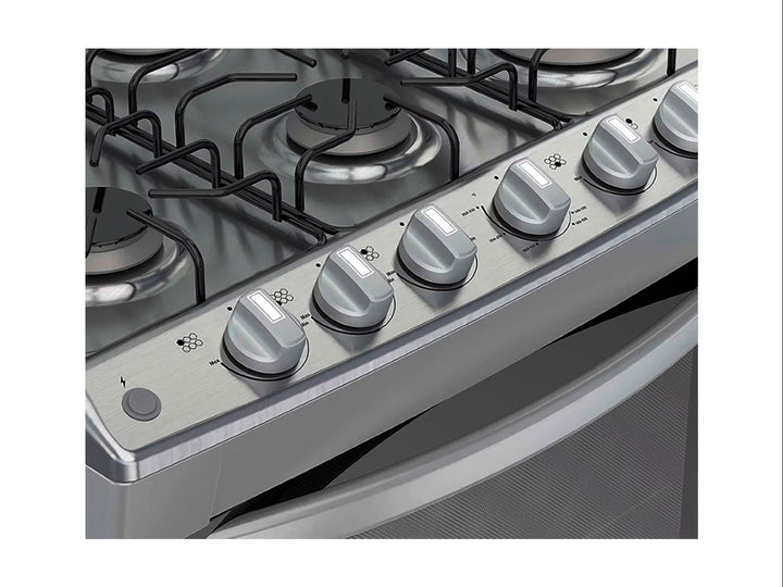 Estufa Whirlpool de acero inoxidable color plata con 6 quemadores y horno integrado.