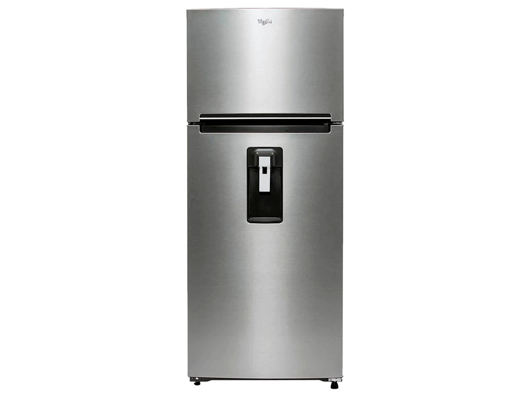 Refrigerador Whirlpool de acero inoxidable con congelador superior y dispensador de agua frontal.