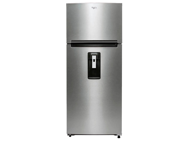 Refrigerador Whirlpool de acero inoxidable con congelador superior y dispensador de agua frontal.
