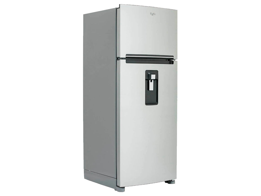 Refrigerador Whirlpool de acero inoxidable con congelador superior y dispensador de agua frontal.