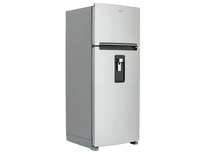 Refrigerador Whirlpool de acero inoxidable con congelador superior y dispensador de agua frontal.