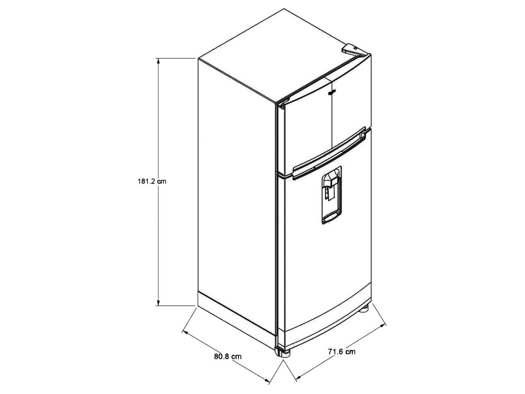 Refrigerador Whirlpool de acero inoxidable con congelador superior y dispensador de agua frontal.