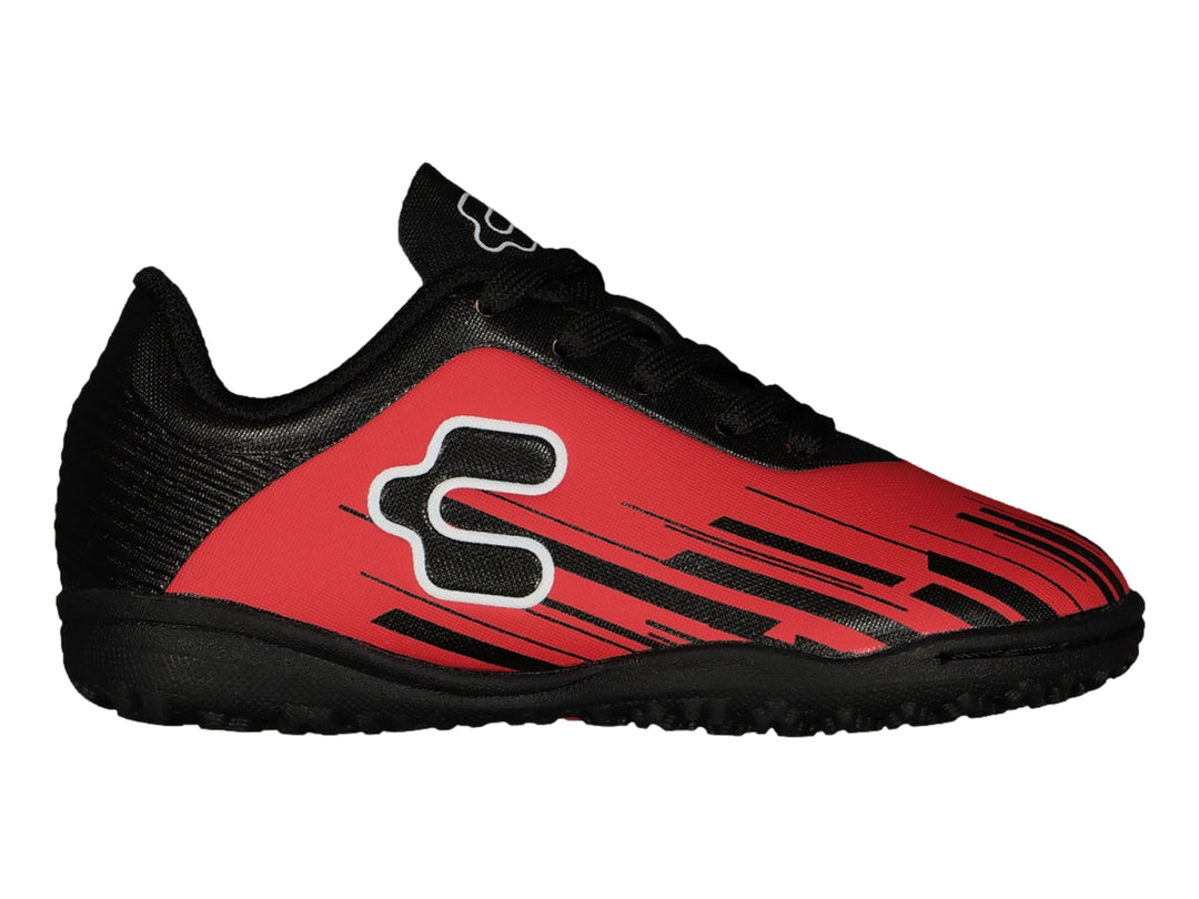 Calzado de fútbol Charly en color rojo con detalles y suela negra.