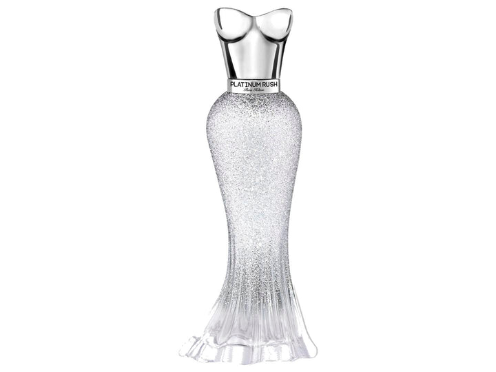 Set de belleza Paris Hilton Platinum Rush con perfume, maquillaje y accesorios en estuche plateado.