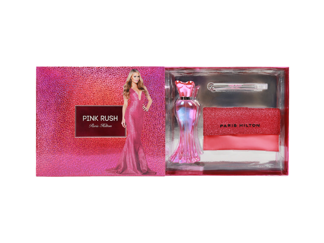 Set de perfume Paris Hilton Pink Rush que incluye fragancia, monedero rosa con glitter y atomizador pequeño.