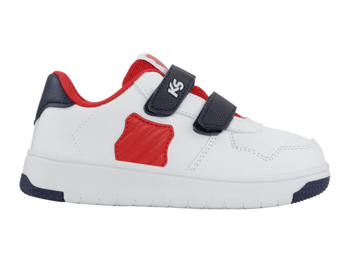 Tenis blancos K-Swiss para niño con cierres de velcro azul marino y detalles en rojo.