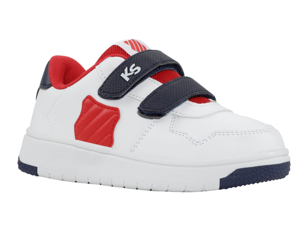 Tenis blancos K-Swiss para niño con cierres de velcro azul marino y detalles en rojo.