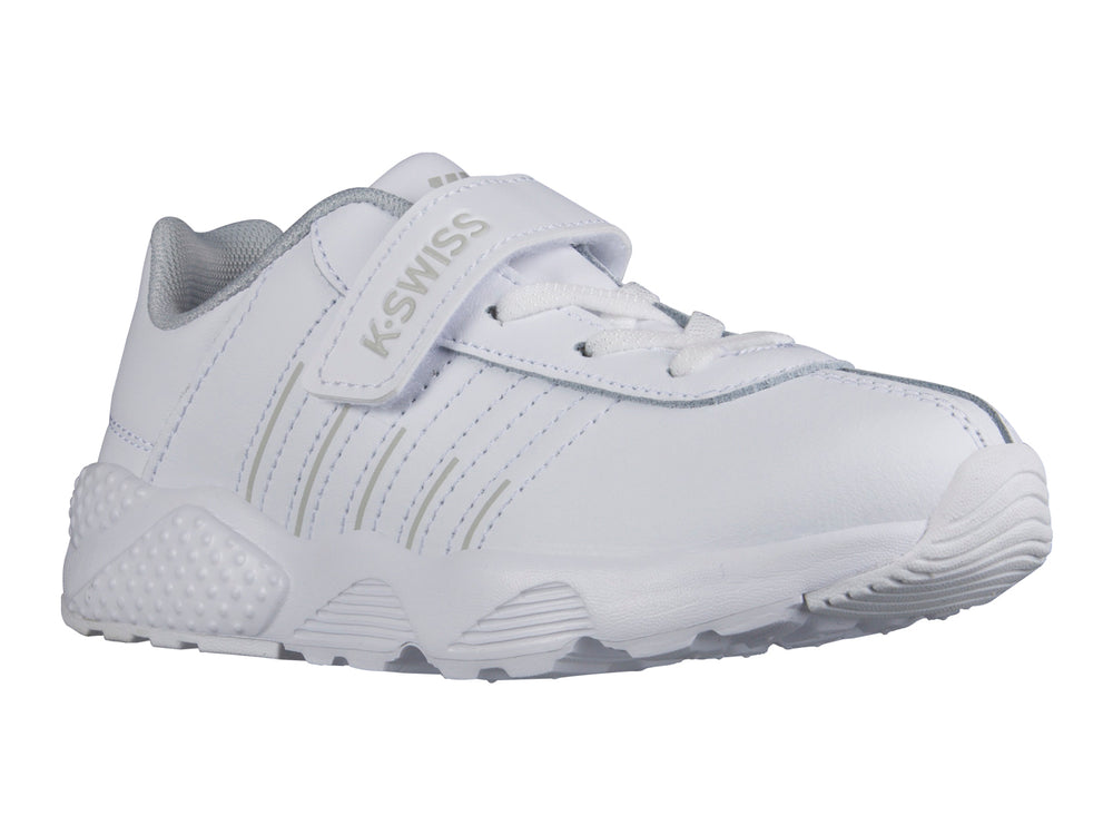 Tenis deportivos K-Swiss color blanco con correa de velcro y detalles en gris.