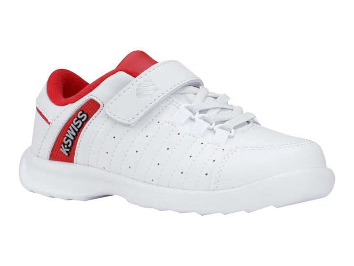 Tenis blancos K-Swiss para niño con detalles en rojo, cierre de velcro y suela blanca.