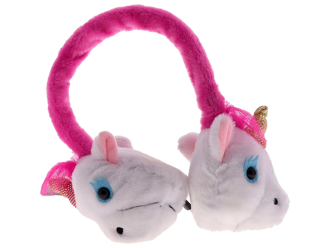 Audífonos inalámbricos de diadema con diseño de unicornios en color blanco y rosa con acabado de peluche.