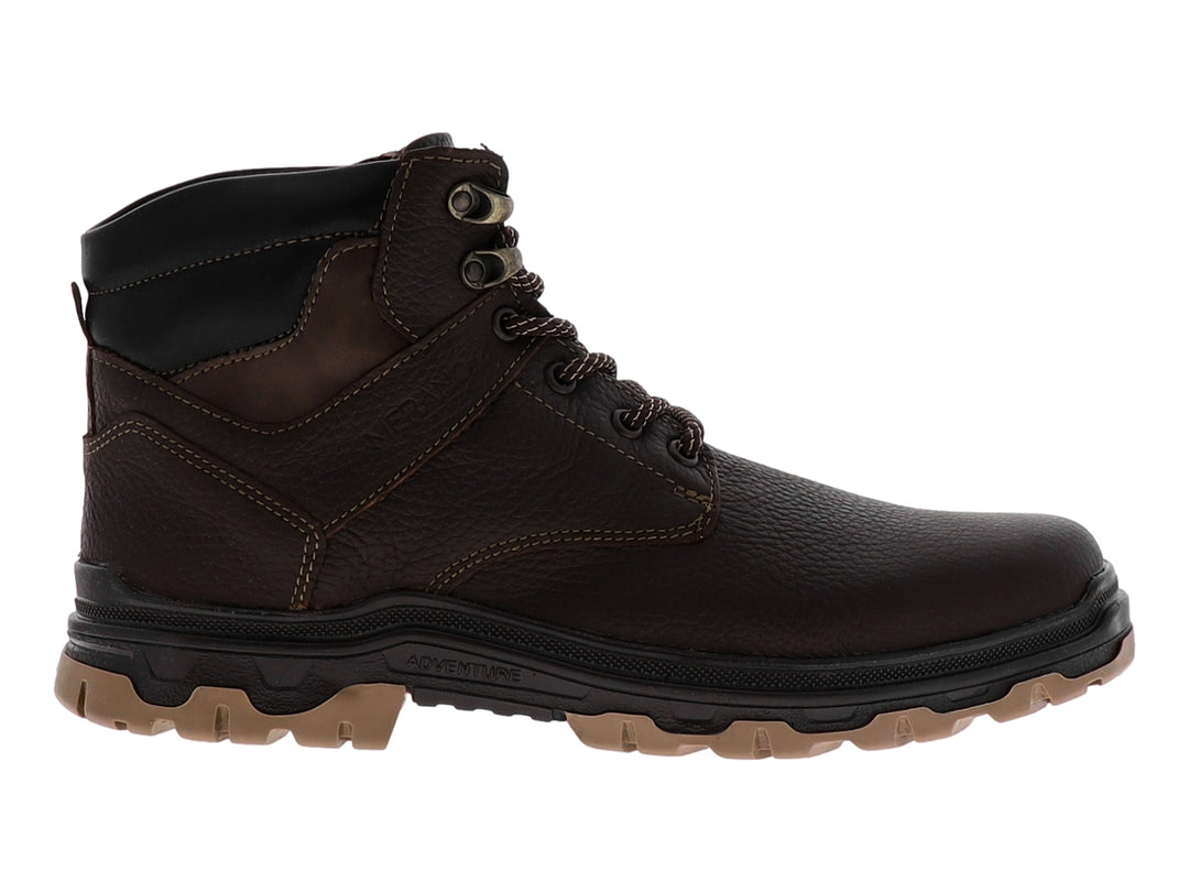 Bota de cuero color chocolate con suela negra y beige.