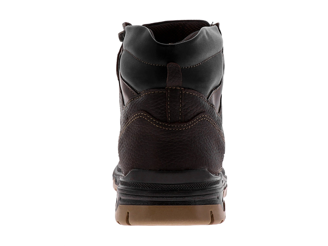 Bota de cuero color chocolate con suela negra y beige.