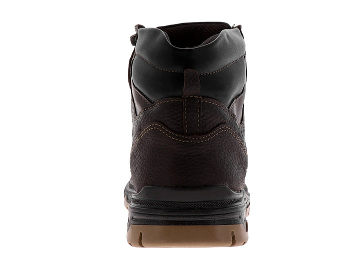 Bota de cuero color chocolate con suela negra y beige.